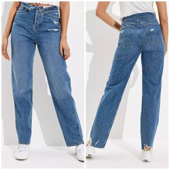 American Eagle Fold Over Highest Waist Baggy Straight Jeans Size 18 Short - Picture 1 of 10